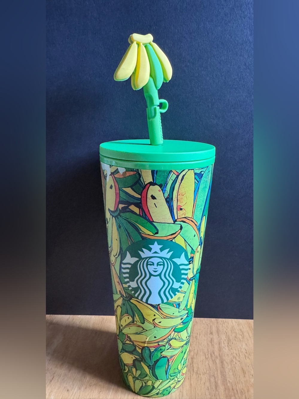 Starbucks Farm Rio Green Banana Print Tumbler Cup w/ Lid & Straw Topper